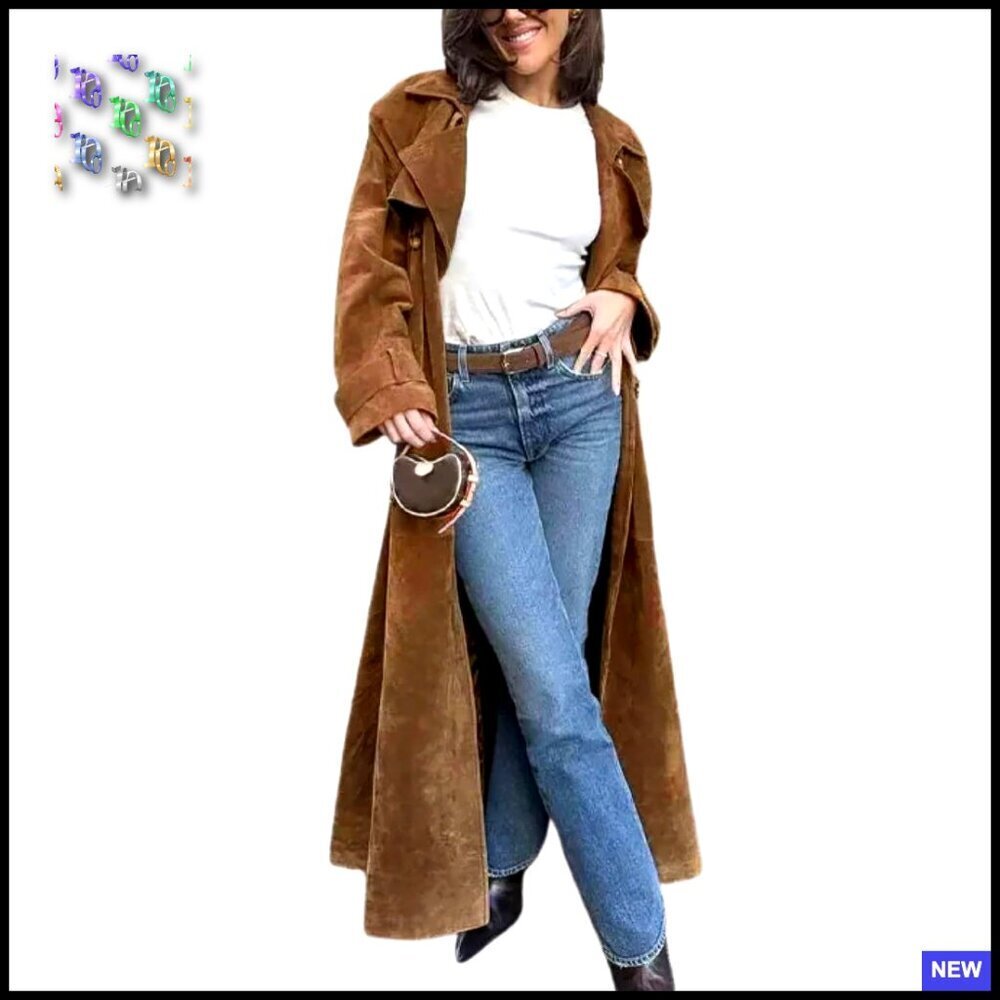Faux Suede Trench Coat Double Breasted Notched Lapel Maxi Overcoat Belted